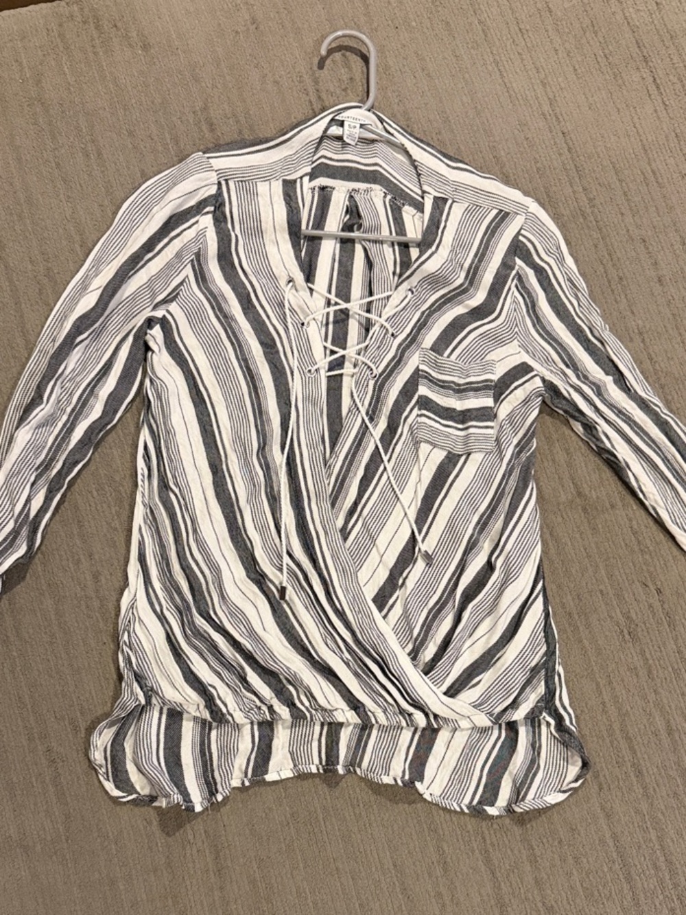 Lace-Up Striped Wrap Blouse - White & Blackish/Grey Color